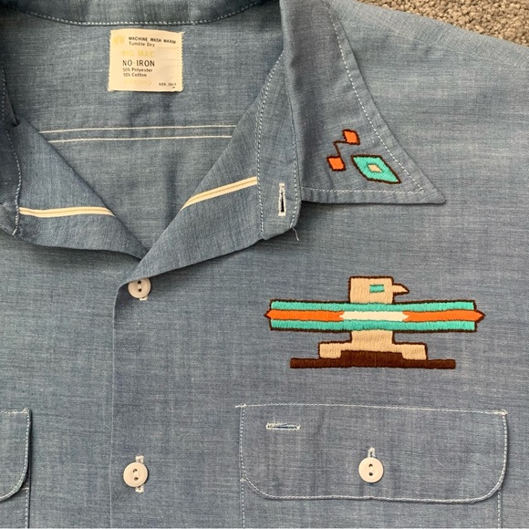 jcpenney Other - 1970s Men's Blue South Western Native Embroidered Chambray Shirt